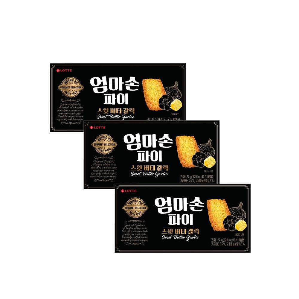 【ロッテ】オムマソンパイ　スイーツバターガーリック　127ｇ   韓国お菓子　엄마손パイ  スウィートバターガーリック味  サクサクパイ菓子  バターの香り  ガーリック風味  香ばしいおやつ  お茶菓子・ティータイム  韓国ロッテお菓子