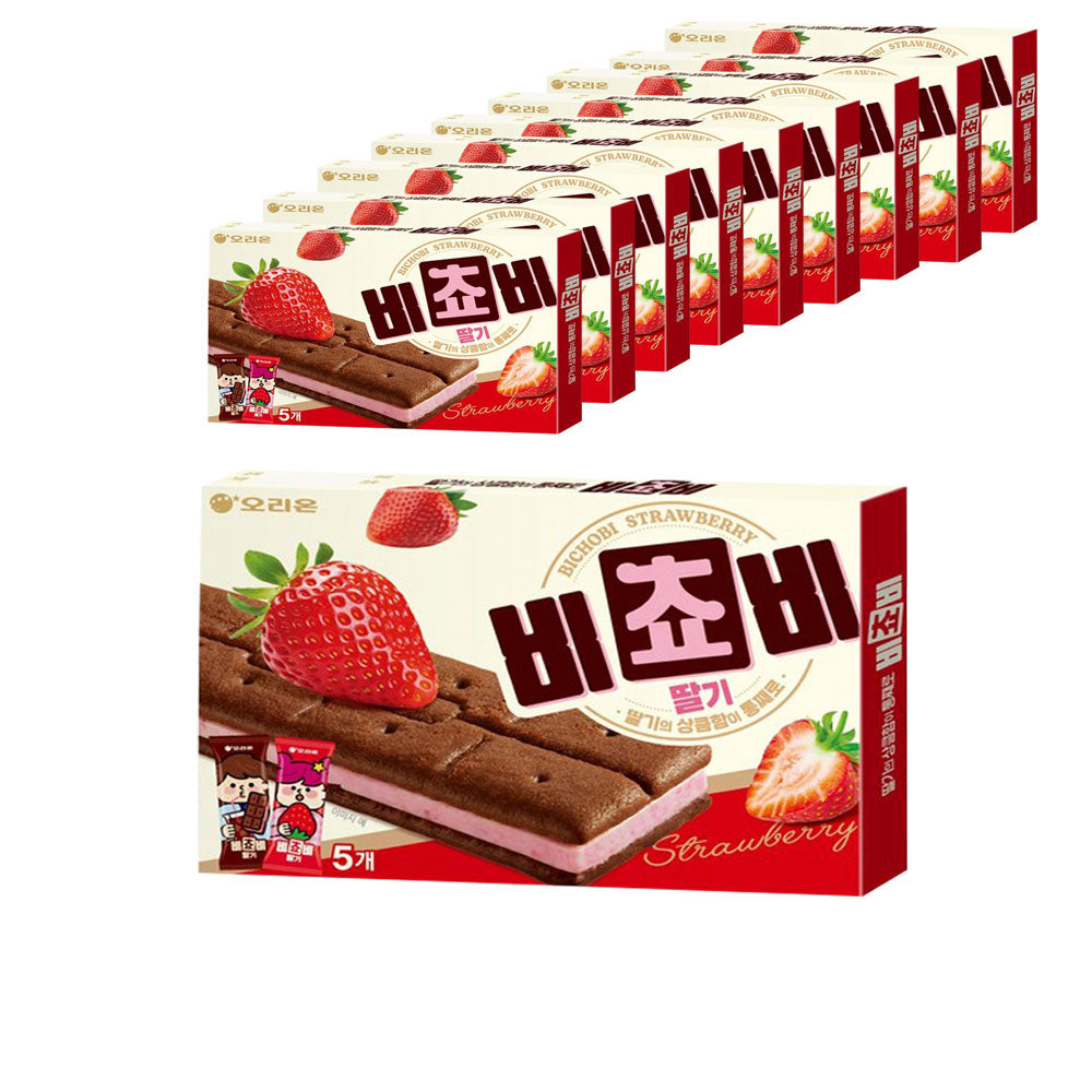 【オリオン】ビチョビ　いちご味　125ｇ 韓国食品 人気お菓子 韓国お菓子 イチゴチョコビスケット サクサク食感 甘酸っぱいいちご味 チョコサンドクッキー 個包装おやつ 韓国人気スナック ティータイムお菓子 いちごチョコ 韓国コンビニお菓子